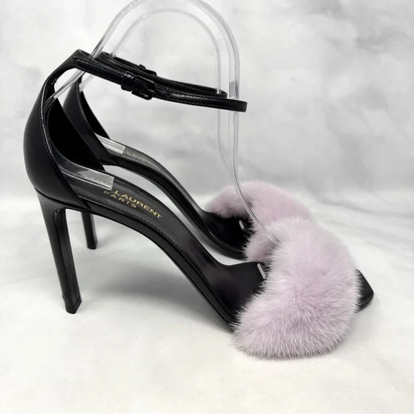 Saint Laurent Bea Mink Fur Leather Square Toe Ankle Strap Stiletto Sandal Heels - Picture 3 of 16